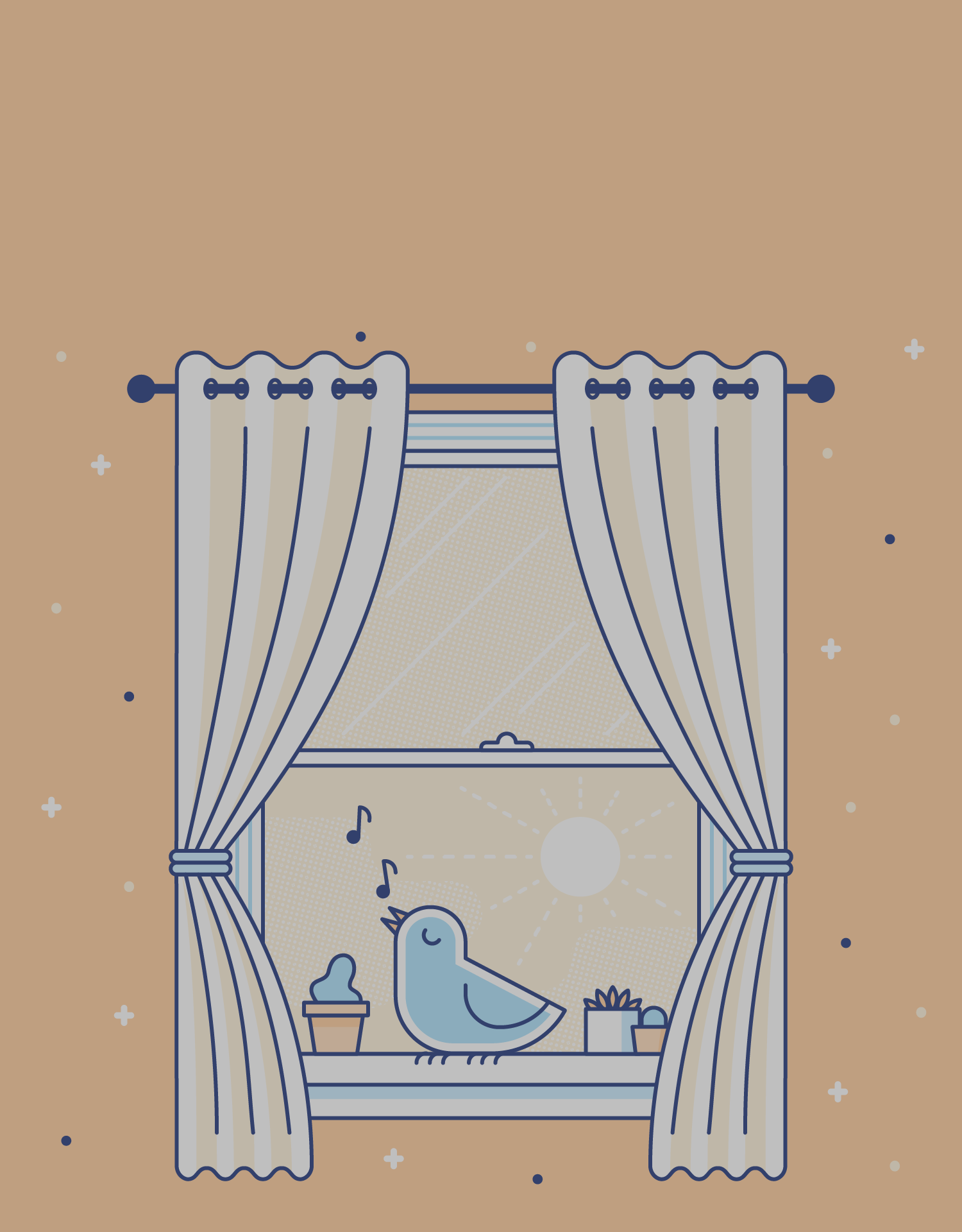 illustration of a bird singing out the window