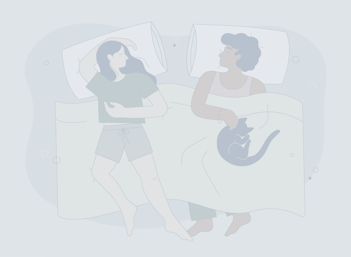 Illustration of man and woman sleeping with blanket and pillows