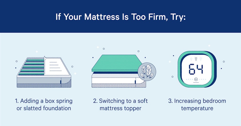 If your mattress is too firm, try adding a box spring or slatted foundation, switching to a soft mattress topper, and increasing your bedroom temperature.