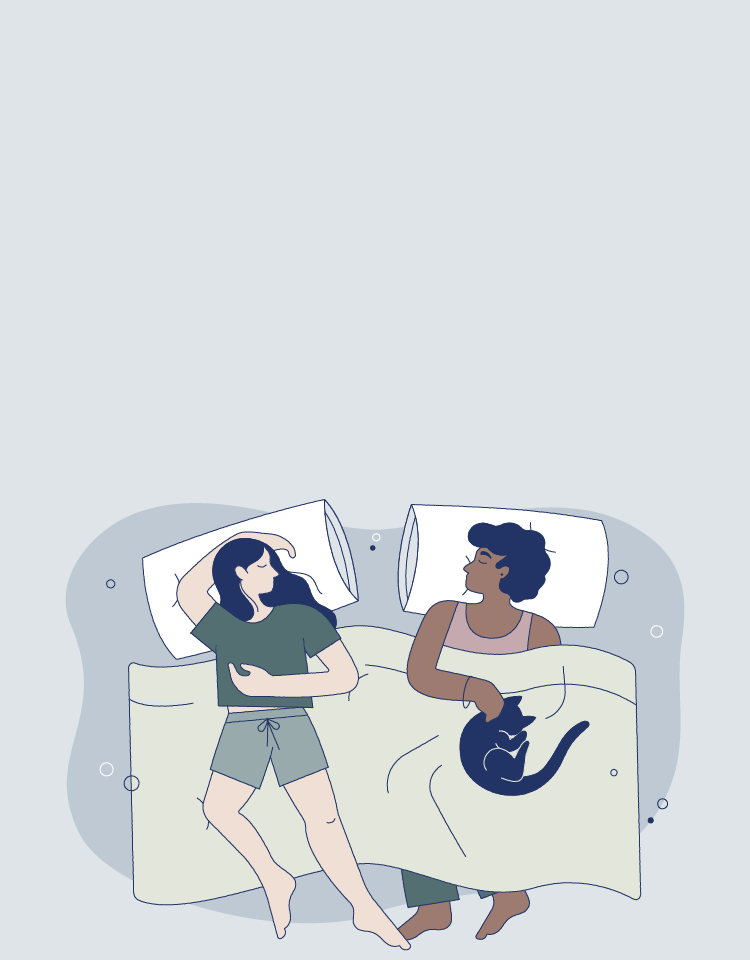 Illustration of man and woman sleeping with blanket and pillows