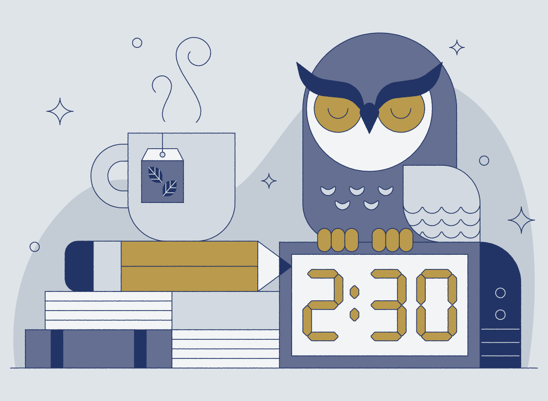 illustrated clock, owl, and coffee